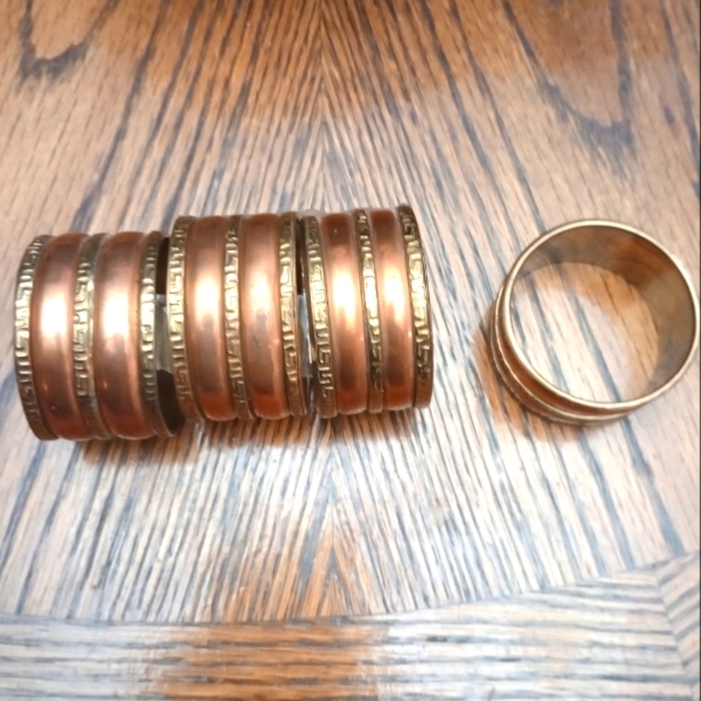 Set Of 4 Vintage Copper With Brass Greek Key Design Napkin Rings